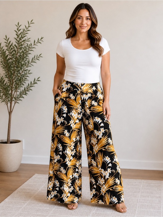 Jessica London Pants - Jessica London Tropical Wide Leg Palazzo Pants / Black Yellow Floral / Boho Chic